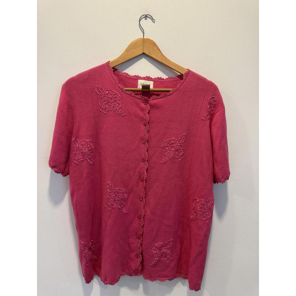 Vintage Jenny Pink Embroidered Short Sleeve Cardigan XL